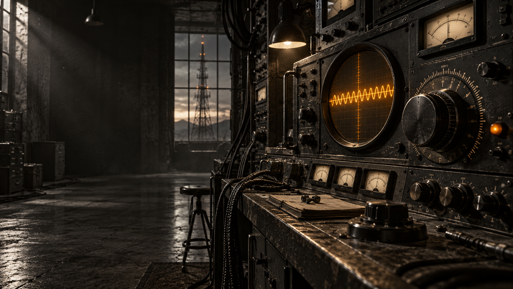 An analog radio operations room carrying an active amber signal
